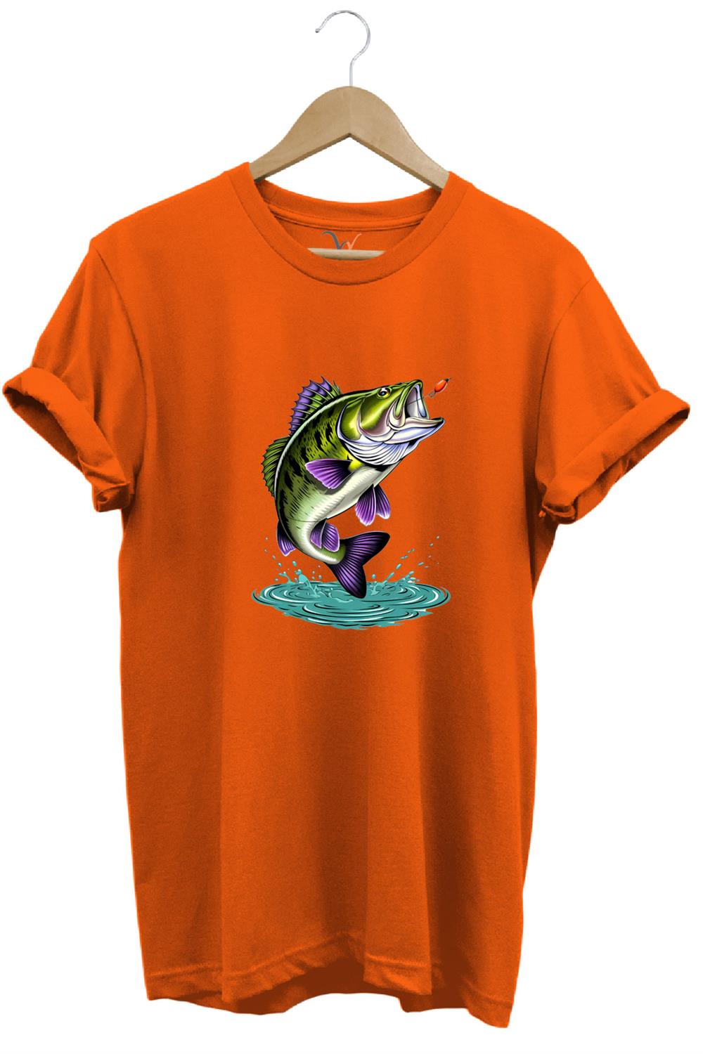 Fishing Balıkçılık Levrek Balığı Baskılı Avcı %100 Pamuk Regular Fit Unisex T-Shirt - Turuncu