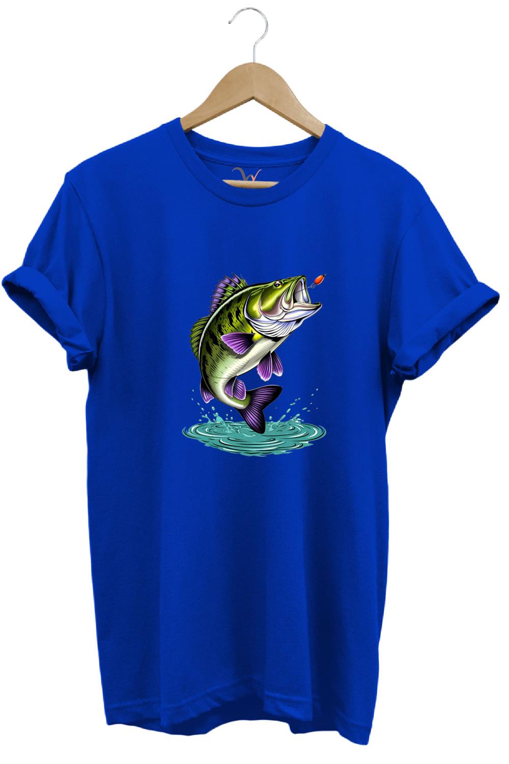 Fishing Balıkçılık Levrek Balığı Baskılı Avcı %100 Pamuk Regular Fit Unisex T-Shirt - Mavi