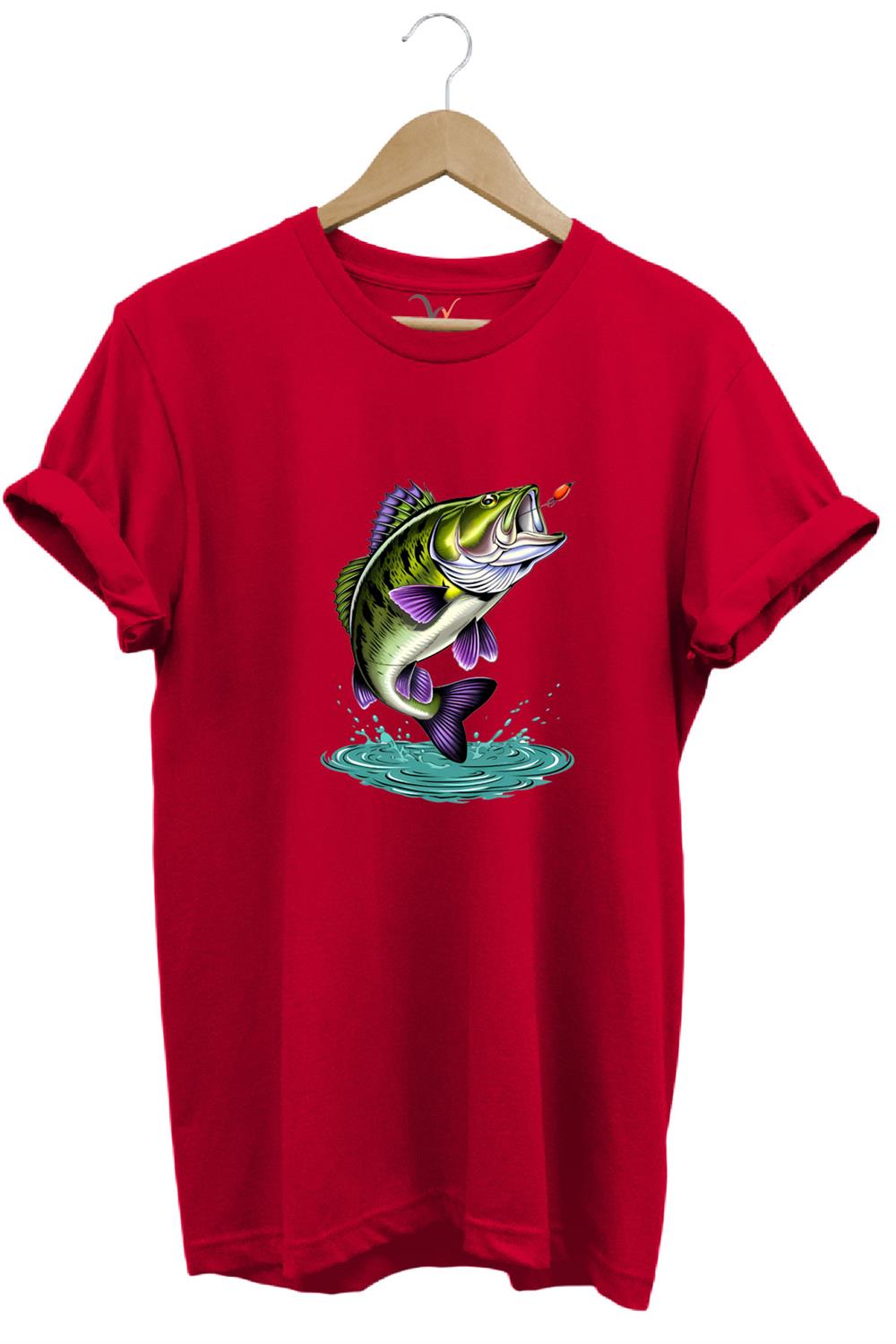 Fishing Balıkçılık Levrek Balığı Baskılı Avcı %100 Pamuk Regular Fit Unisex T-Shirt - Kırmızı