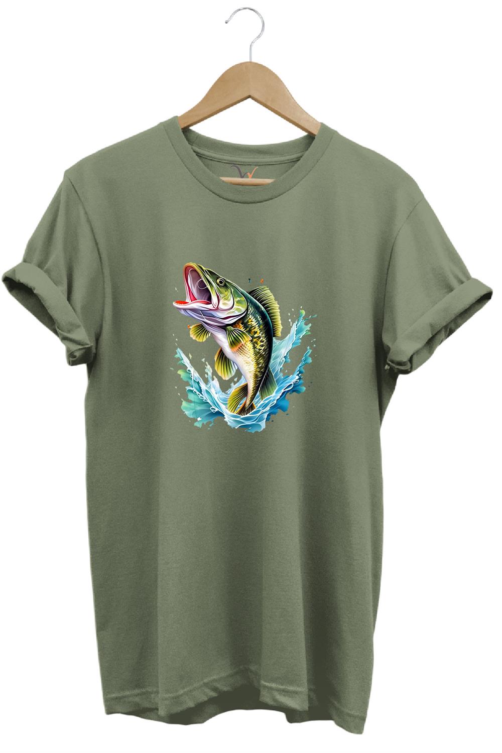Fishing Balıkçılık Levrek Balığı Deniz Baskılı %100 Pamuk Regular Fit Bisiklet Yaka T-Shirt - Haki