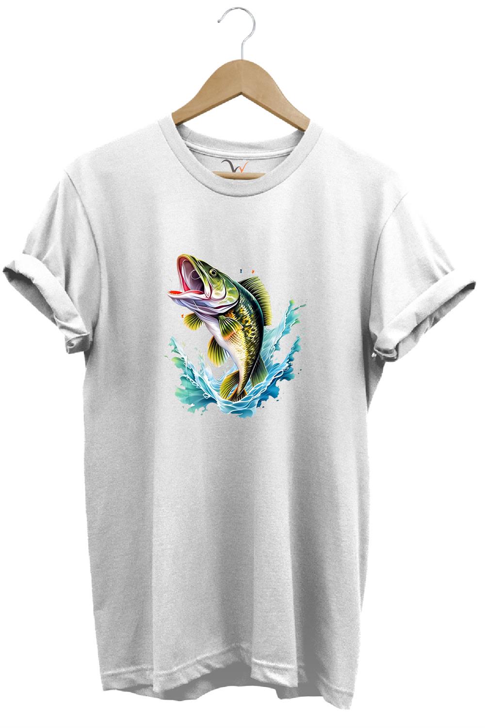 Fishing Balıkçılık Levrek Balığı Deniz Baskılı %100 Pamuk Regular Fit Bisiklet Yaka T-Shirt - Beyaz