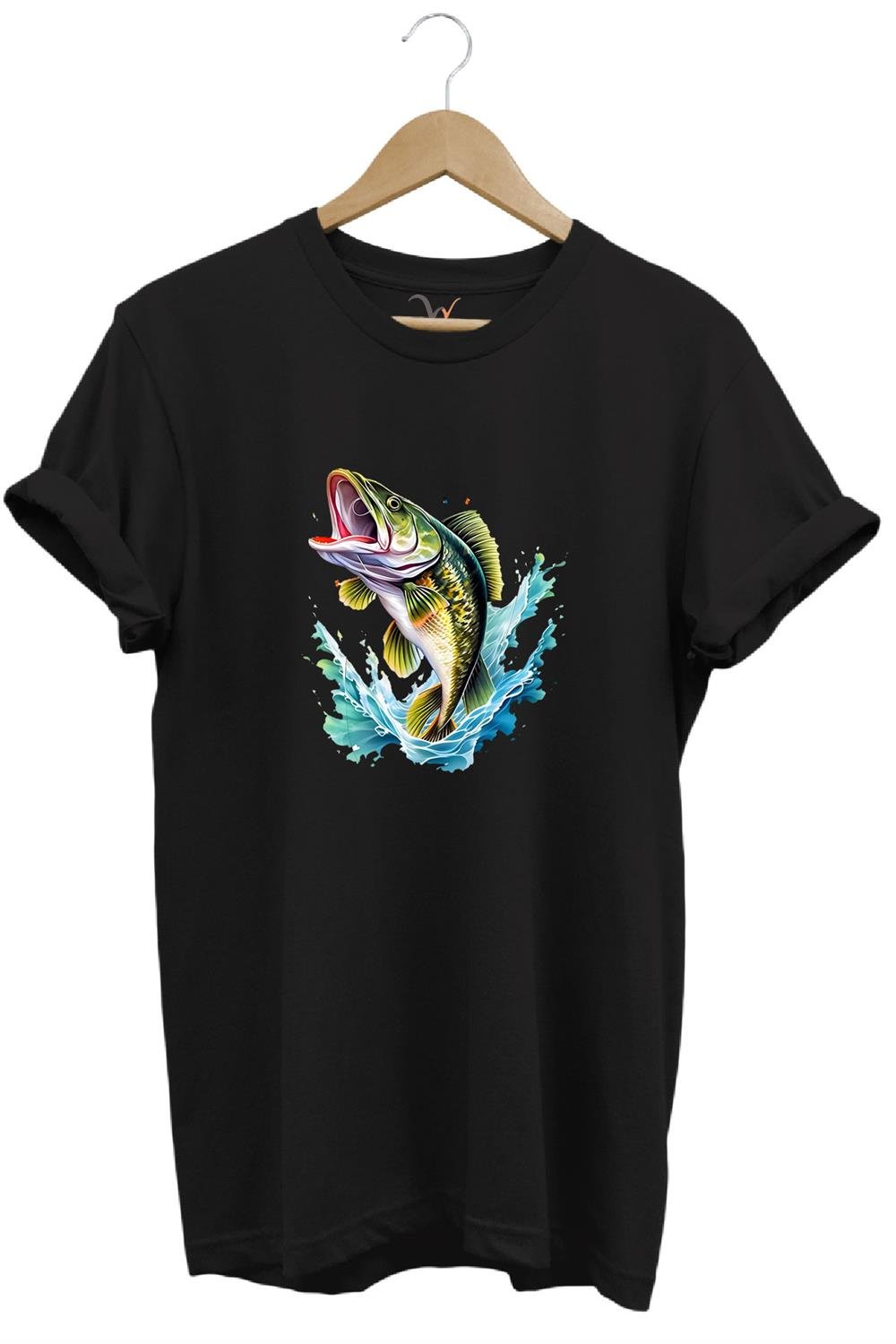 Fishing Balıkçılık Levrek Balığı Deniz Baskılı %100 Pamuk Regular Fit Bisiklet Yaka T-Shirt - Siyah
