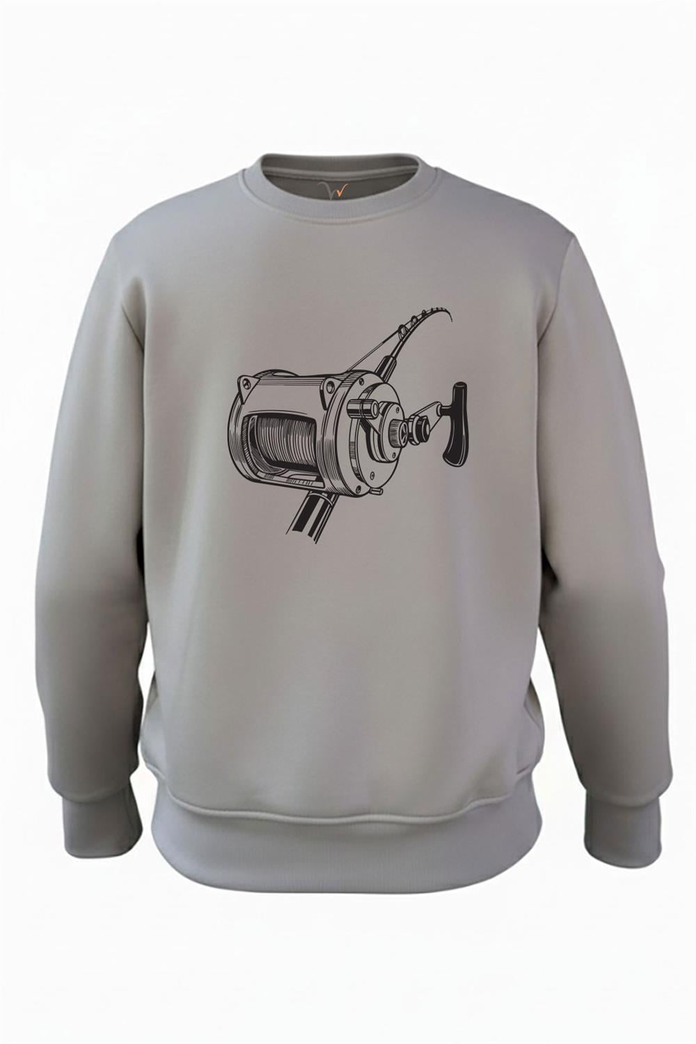 Fishing Balıkçılık Olta Tasarım Baskılı 3 İp Şardonlu %100 Pamuk Sweatshirt - Antrasit
