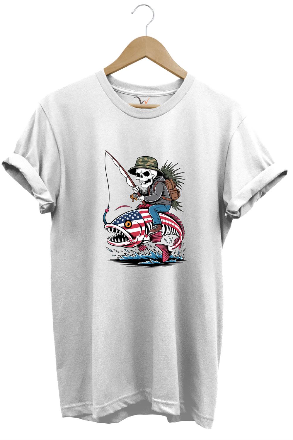 Fishing Balıkçılık Pirana Ve İskelet Tasarım Baskılı %100 Pamuk Regular Fit T-Shirt - Beyaz