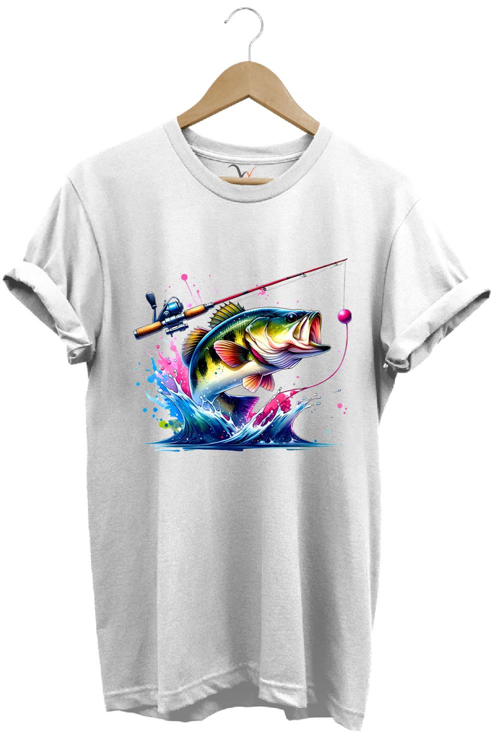 Fishing Balıkçılık Renkli Levrek Balığı Baskılı Avcılık %100 Pamuk Regular Fit Unisex T-Shirt - Beyaz