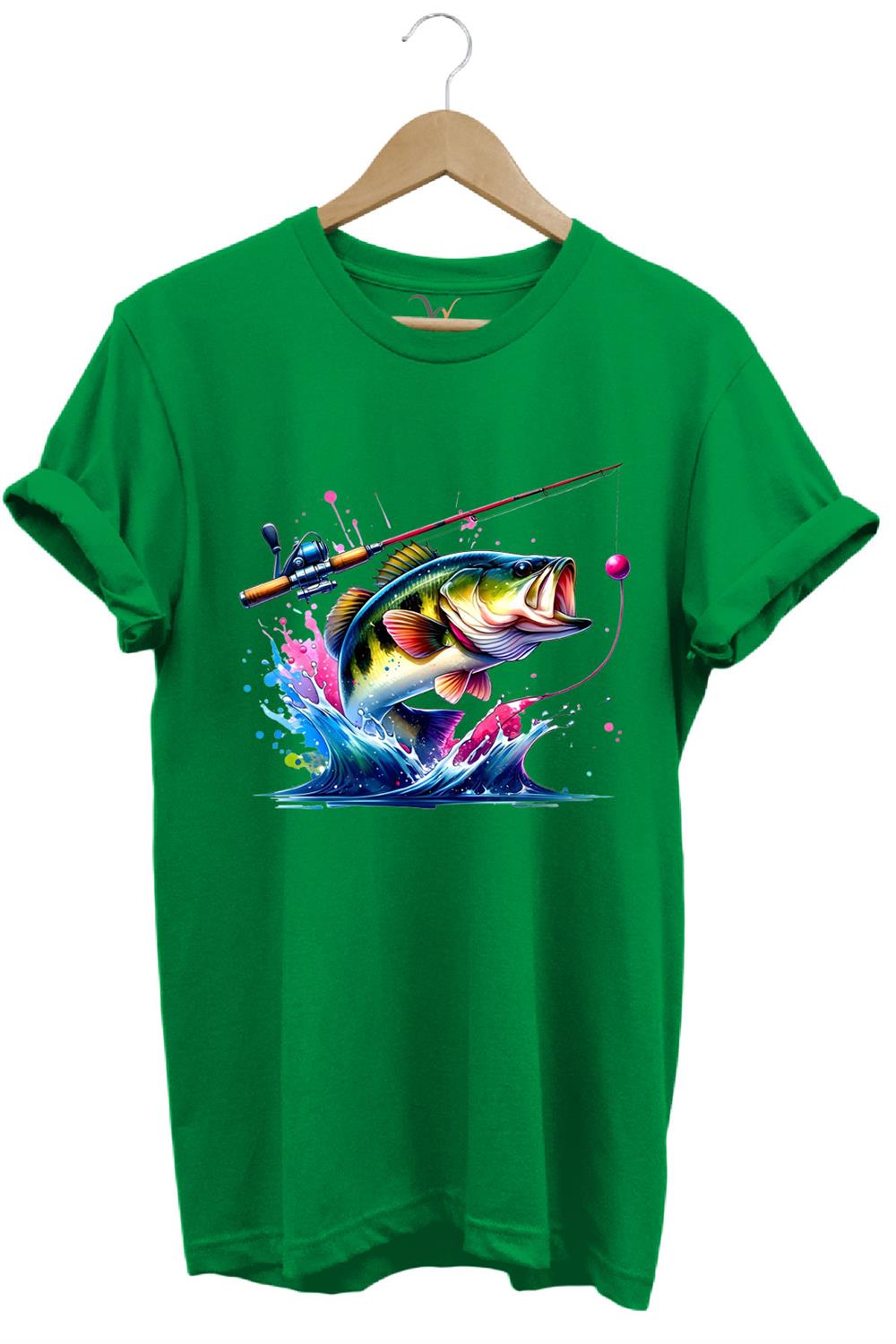 Fishing Balıkçılık Renkli Levrek Balığı Baskılı Avcılık %100 Pamuk Regular Fit Unisex T-Shirt - Yeşil