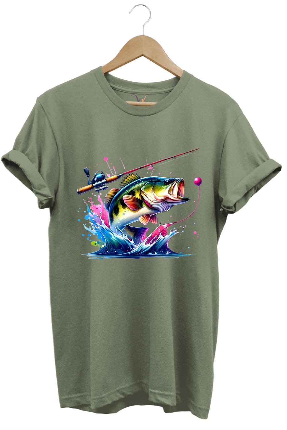 Fishing Balıkçılık Renkli Levrek Balığı Baskılı Avcılık %100 Pamuk Regular Fit Unisex T-Shirt - Haki