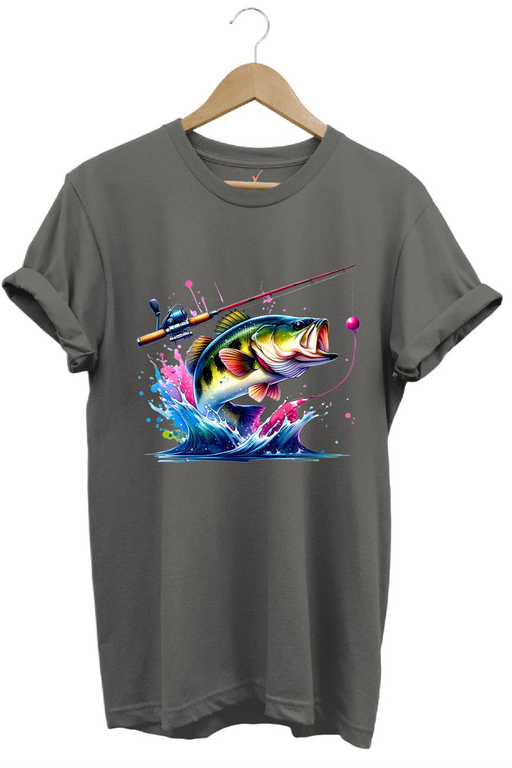 Fishing Balıkçılık Renkli Levrek Balığı Baskılı Avcılık %100 Pamuk Regular Fit Unisex T-Shirt - Antrasit