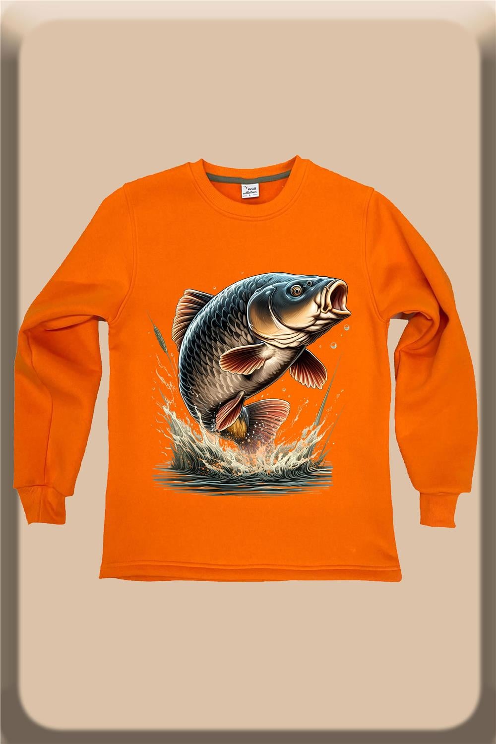 Fishing Balıkçılık Sazan Balığı Baskılı Bisiklet Yaka Sweatshirt - Turuncu