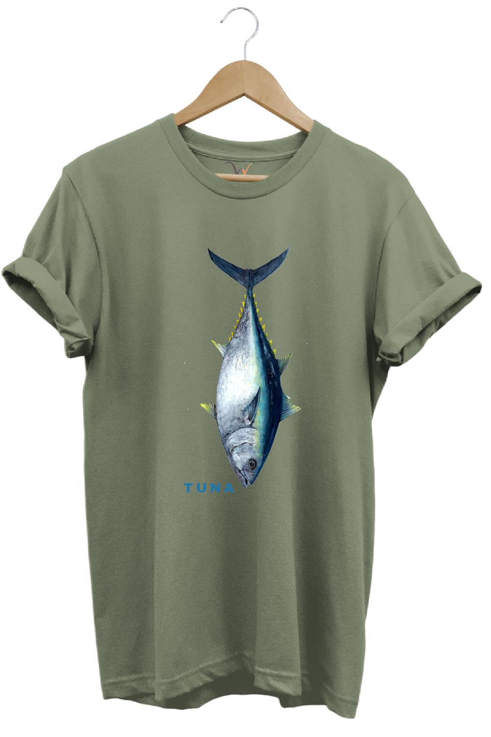 Fishing Balıkçılık Tuna Balığı Tasarım Baskılı %100 Pamuk Regular Fit Unisex T-Shirt - Haki