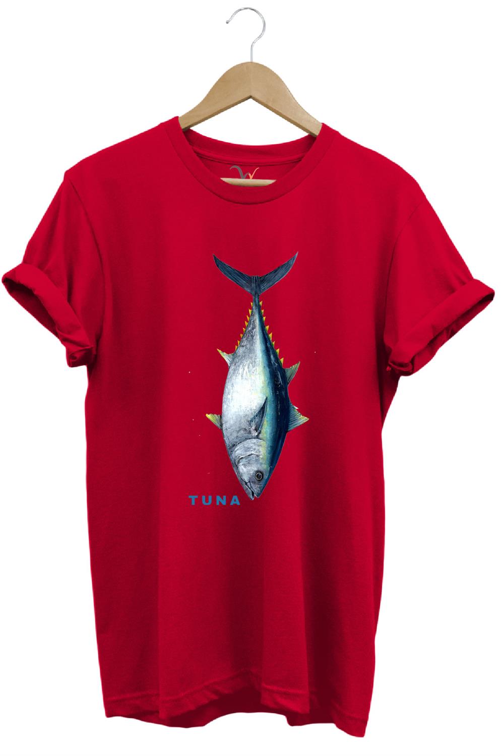Fishing Balıkçılık Tuna Balığı Tasarım Baskılı %100 Pamuk Regular Fit Unisex T-Shirt - Kırmızı