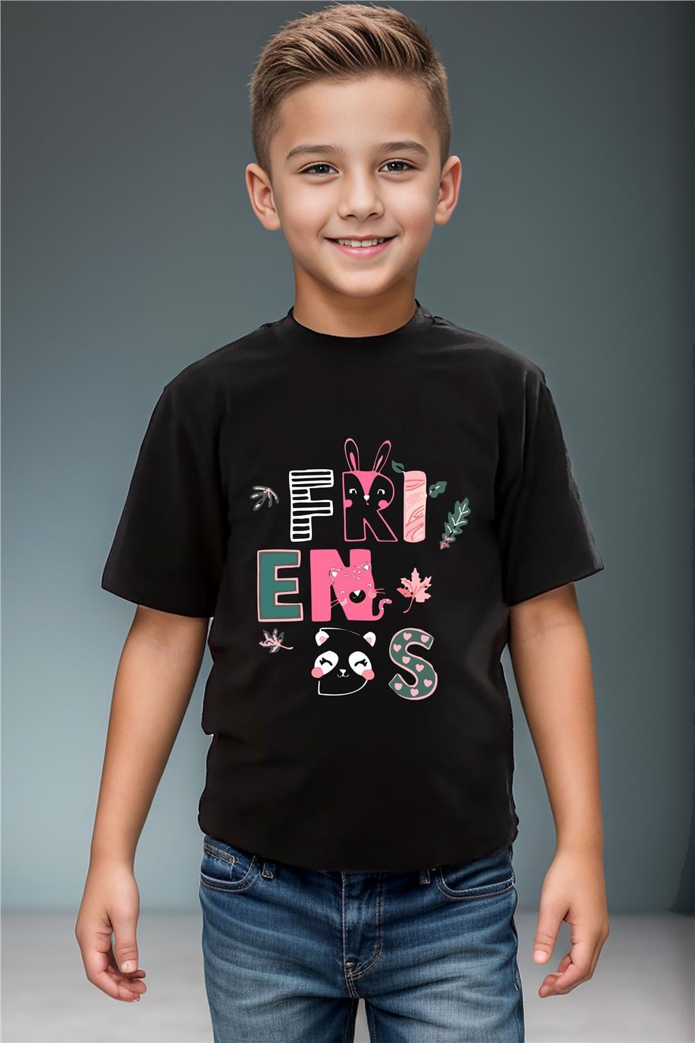 Friends Yazı Baskılı Panda Ve Tavşan Detaylı %100 Pamuk Kız Çocuk Erkek Çocuk T-Shirt - Siyah