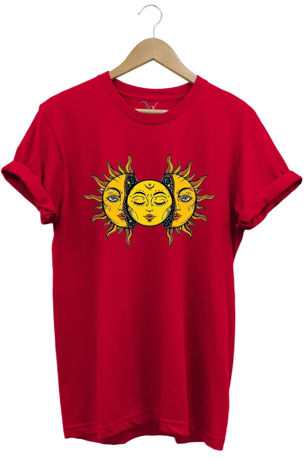 Güneş Baskılı %100 Pamuk Regular Fit Unisex T-Shirt - Kırmızı