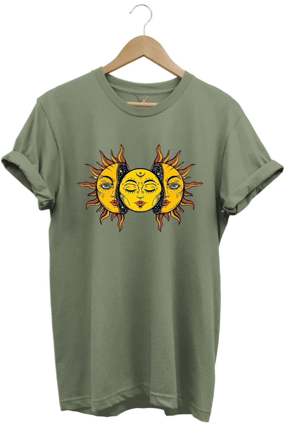 Güneş Baskılı %100 Pamuk Regular Fit Unisex T-Shirt - Haki