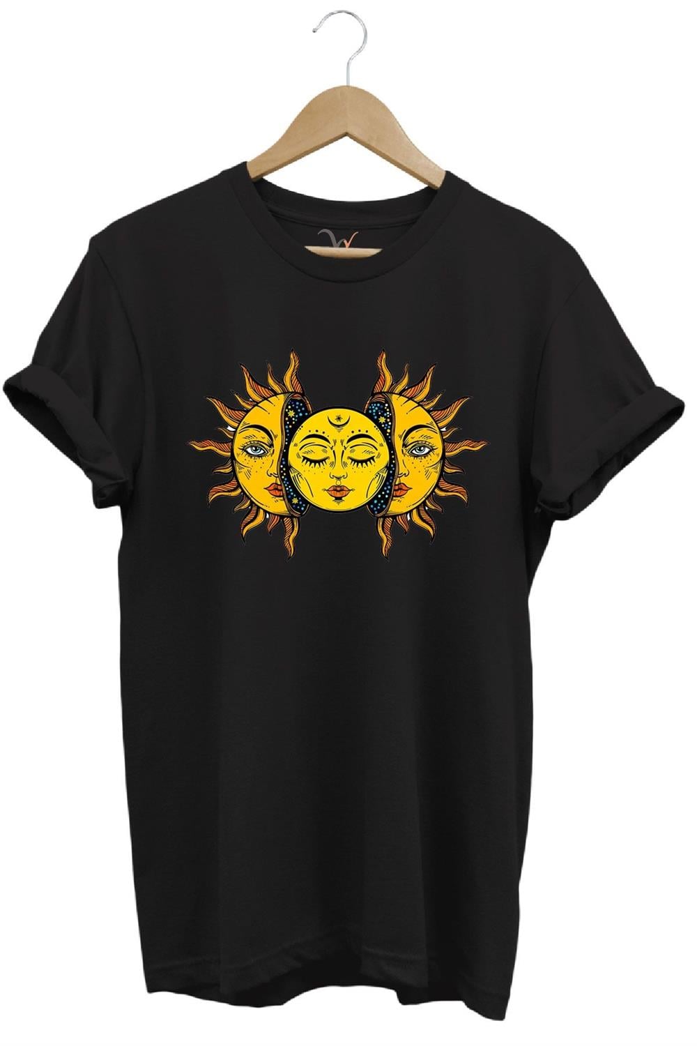 Güneş Baskılı %100 Pamuk Regular Fit Unisex T-Shirt - Siyah