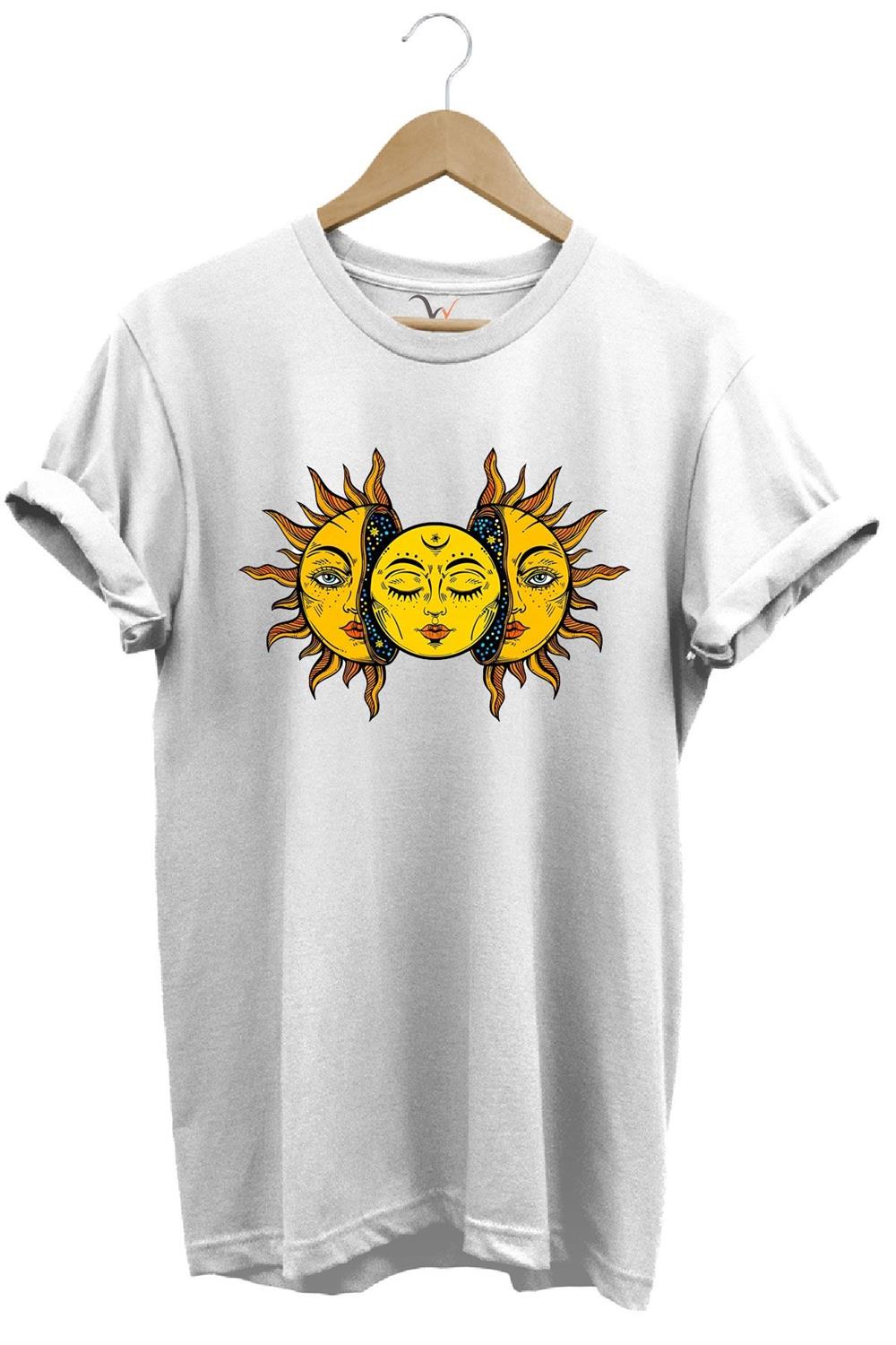 Güneş Baskılı %100 Pamuk Regular Fit Unisex T-Shirt - Beyaz