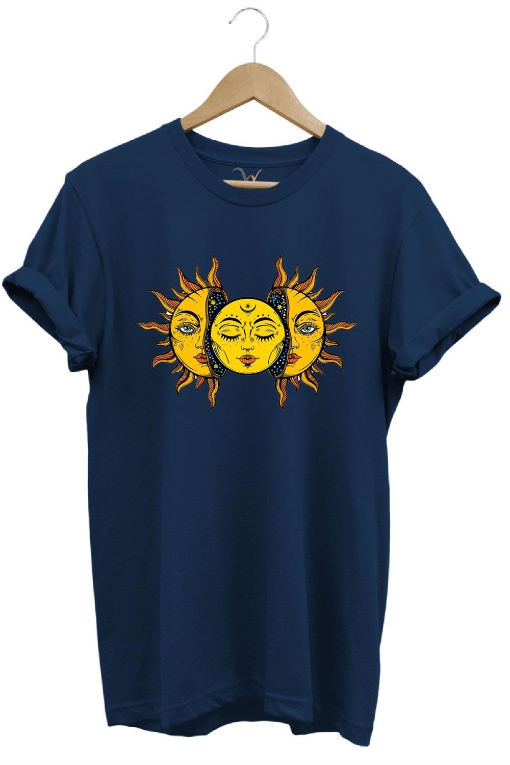 Güneş Baskılı %100 Pamuk Regular Fit Unisex T-Shirt - Lacivert