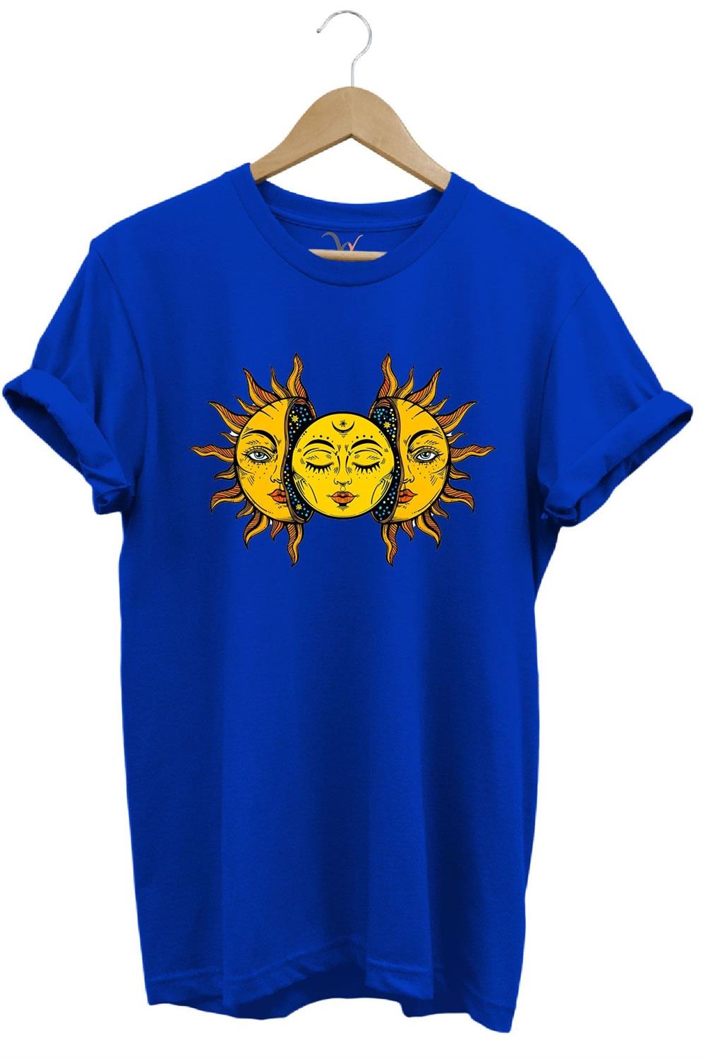 Güneş Baskılı %100 Pamuk Regular Fit Unisex T-Shirt - Mavi
