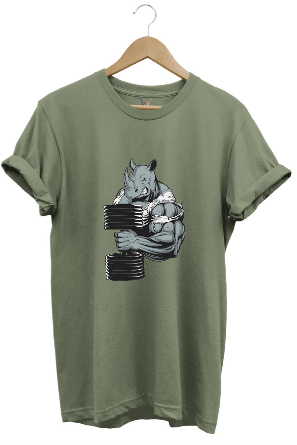 GYM Sporcu Fitness Dumbell Kaldıran Gergedan Regular Fit %100 Pamuk T-Shirt - Haki