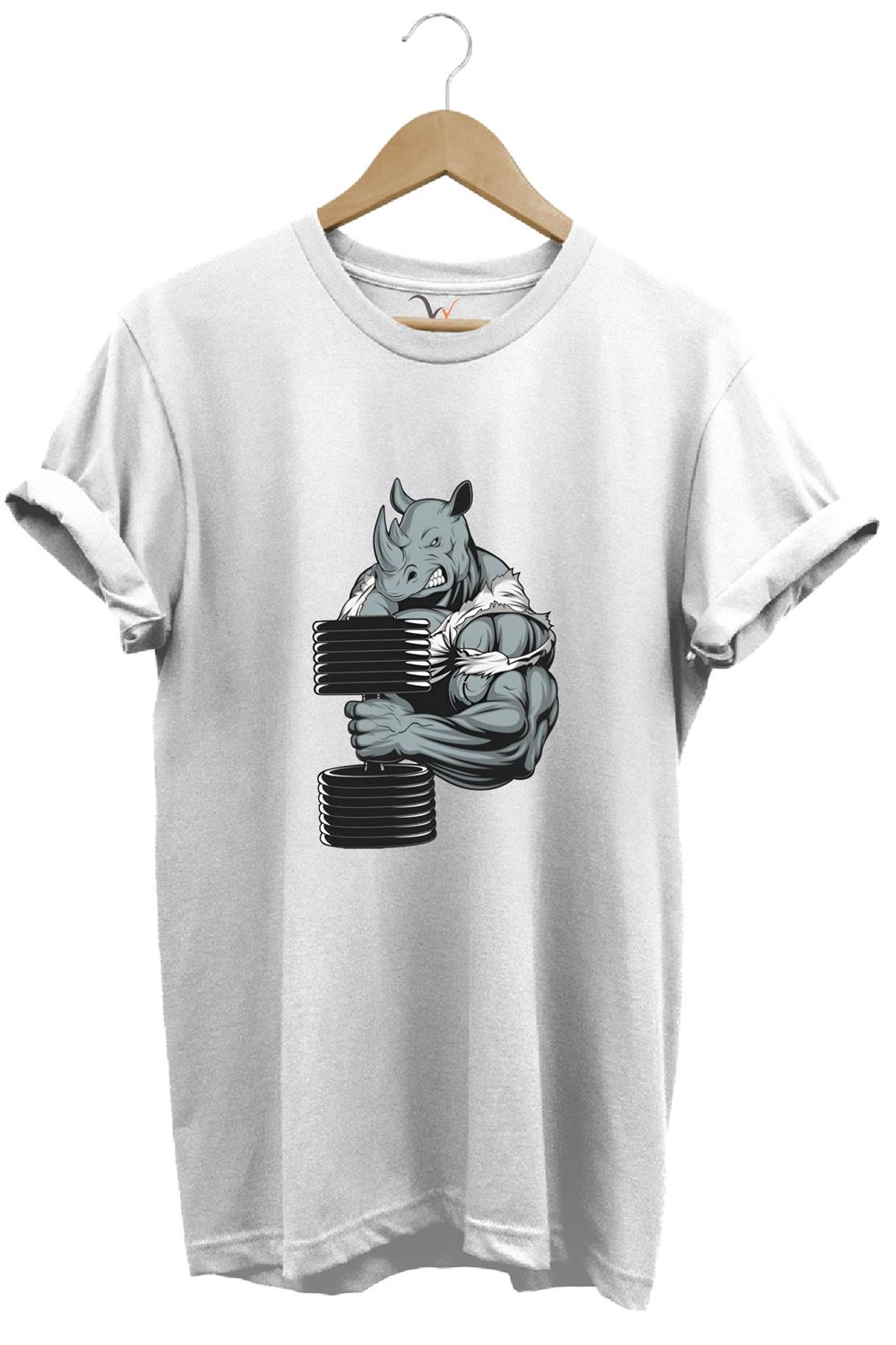 GYM Sporcu Fitness Dumbell Kaldıran Gergedan Regular Fit %100 Pamuk T-Shirt - Beyaz