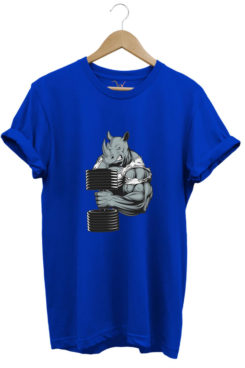 GYM Sporcu Fitness Dumbell Kaldıran Gergedan Regular Fit %100 Pamuk T-Shirt - Mavi
