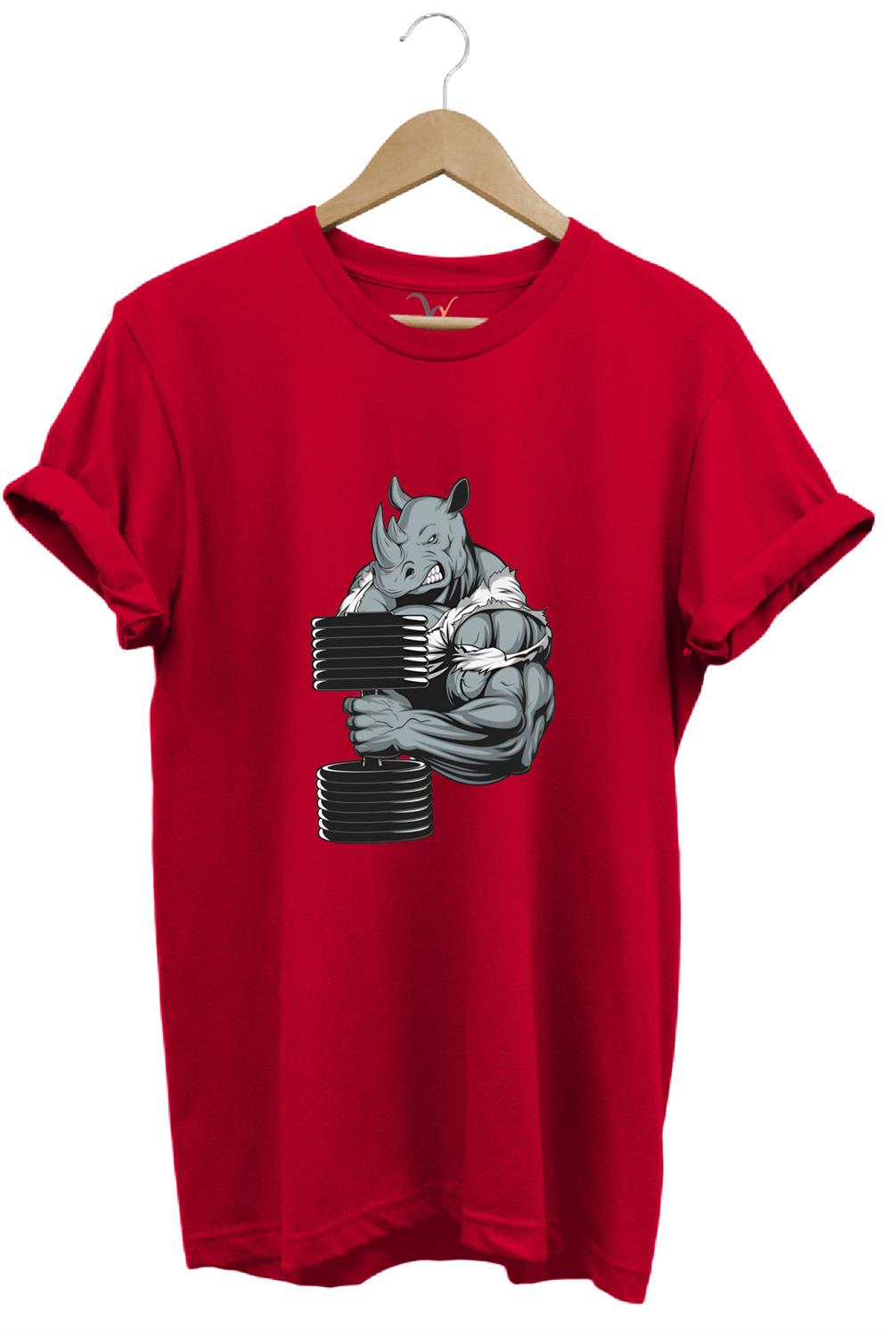 GYM Sporcu Fitness Dumbell Kaldıran Gergedan Regular Fit %100 Pamuk T-Shirt - Kırmızı