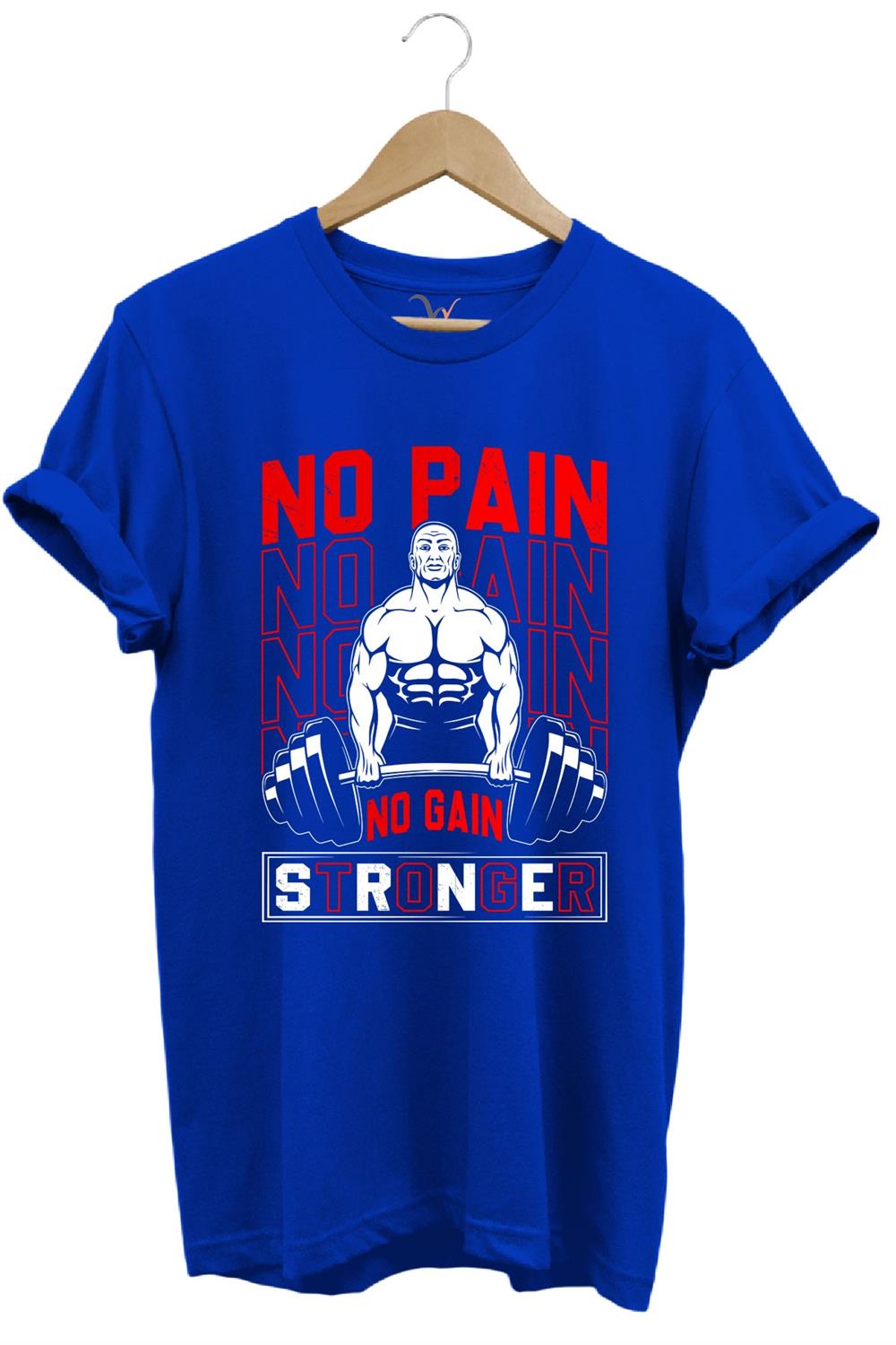 Gym Sporcu Fitness No Pain No Gain Dumbell Tasarım Baskılı %100 Pamuk Regular Fit T-Shirt - Mavi