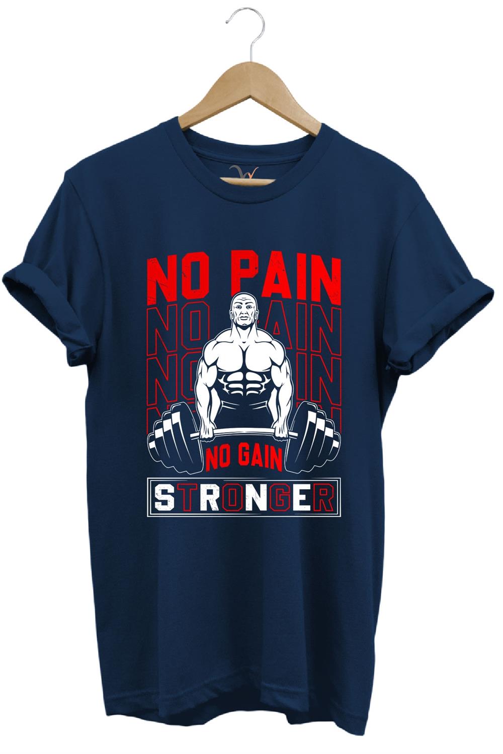 Gym Sporcu Fitness No Pain No Gain Dumbell Tasarım Baskılı %100 Pamuk Regular Fit T-Shirt - Lacivert