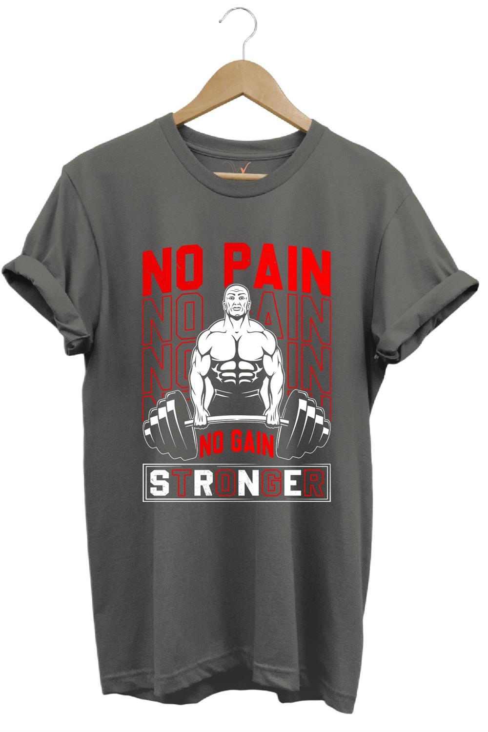 Gym Sporcu Fitness No Pain No Gain Dumbell Tasarım Baskılı %100 Pamuk Regular Fit T-Shirt - Antrasit