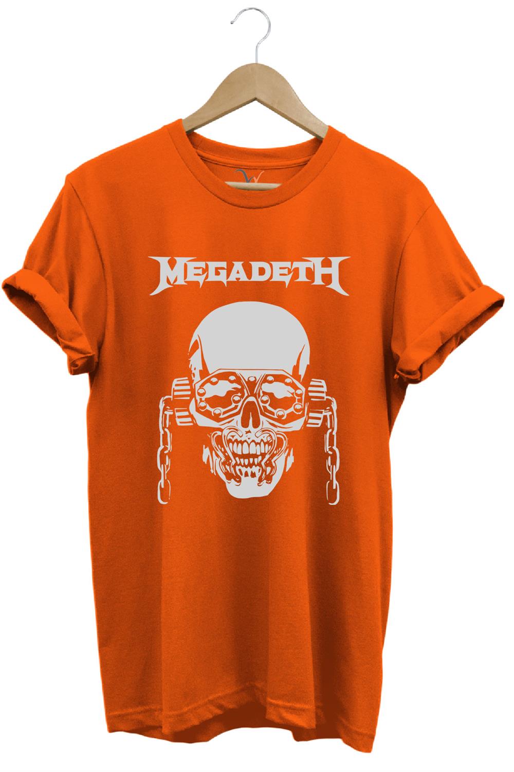 Heavy Metal Unisex Megadeth Skull Baskılı %100 Pamuk Regular Fit Bisiklet Yaka T-Shirt - Turuncu