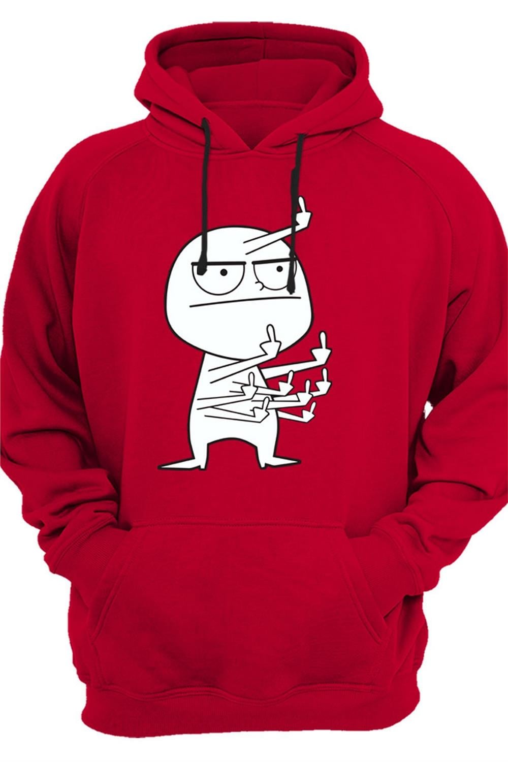 Hediye Eğlenceli Komik Orta Parmak Tasarım Baskılı 3 İplik Kalın Şardonlu Kanguru Cepli Sweatshirt - Kırmızı