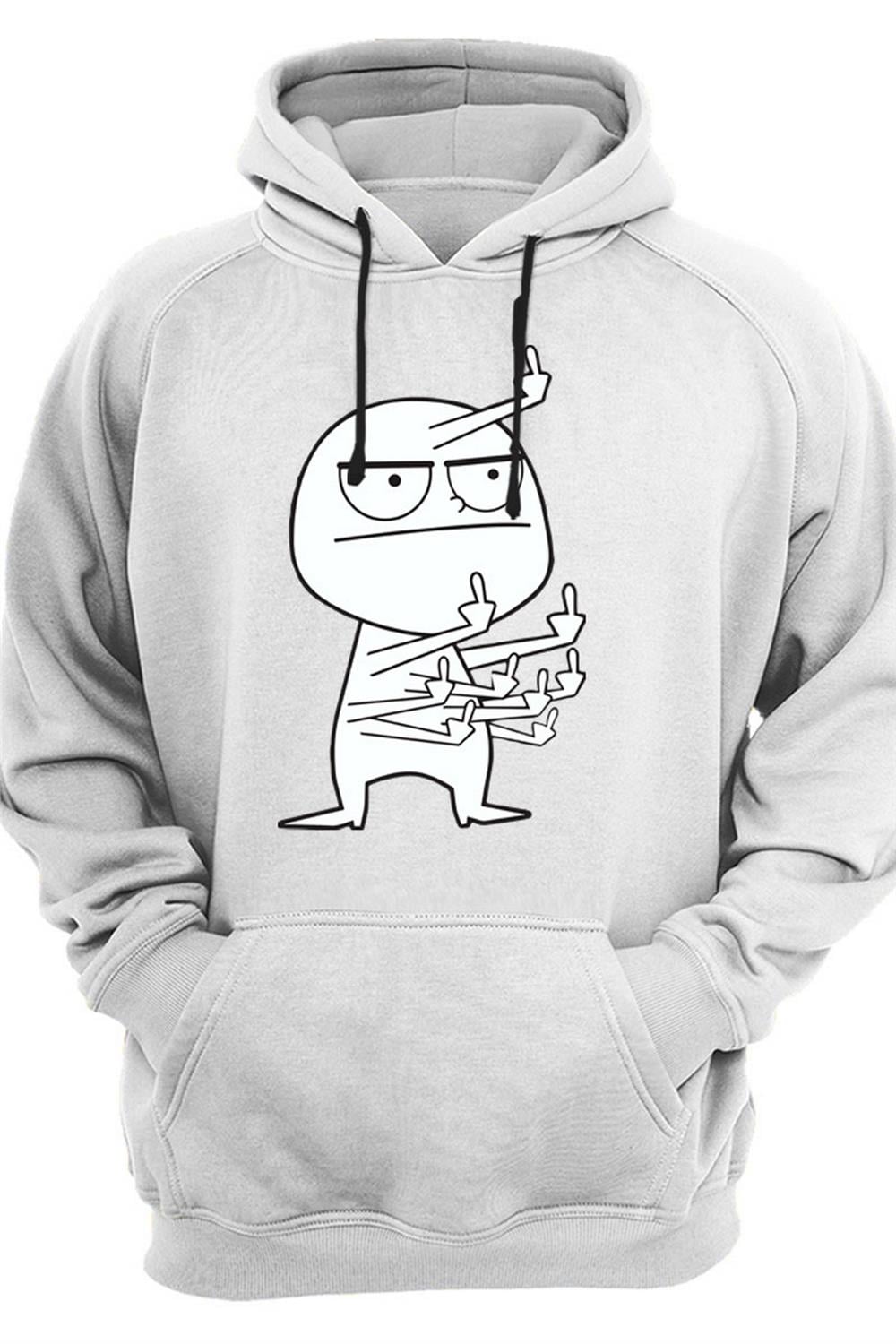 Hediye Eğlenceli Komik Orta Parmak Tasarım Baskılı 3 İplik Kalın Şardonlu Kanguru Cepli Sweatshirt - Beyaz