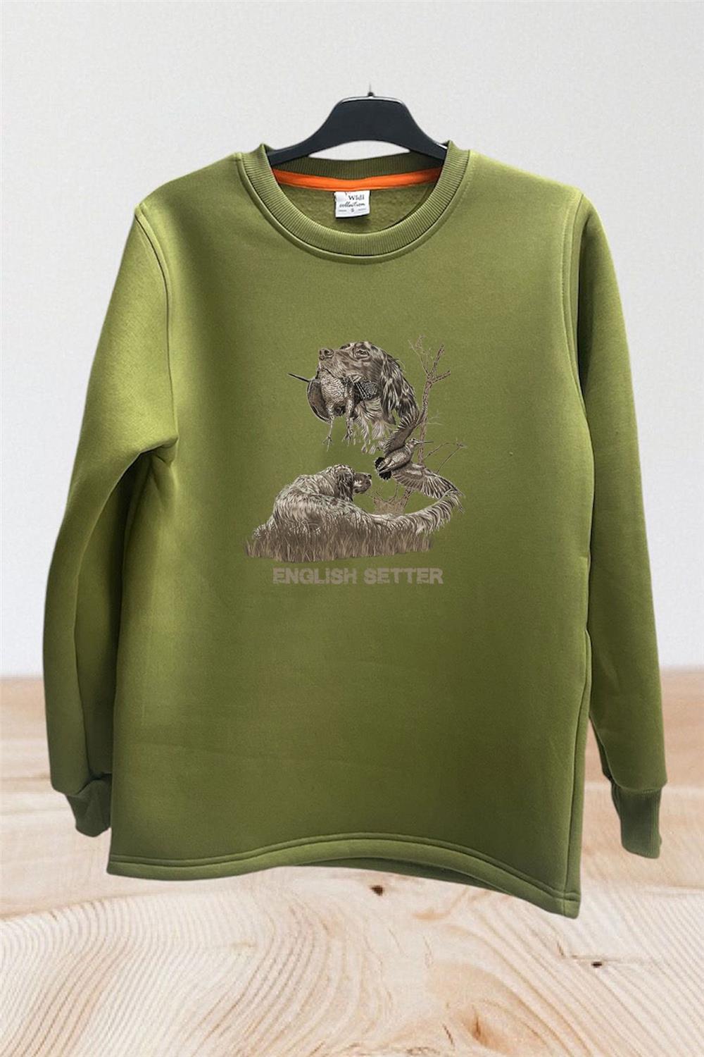 Hunter Avcılık Ağaçlı Setter Çulluk Tasarım Baskılı Regular Fit Bisiklet Yaka Kışlık Sweatshirt - Haki