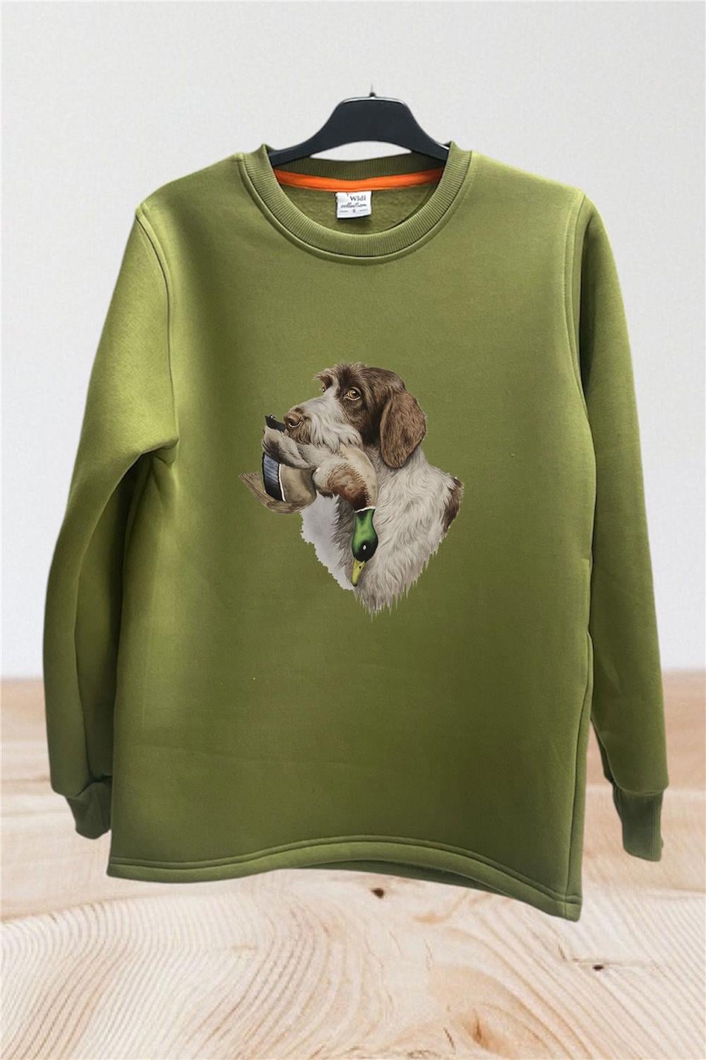 Hunter Avcılık Av Köpeği Ve Çulluk Baskılı Regular Fit %100 Pamuk Bisiklet Yaka Sweatshirt - Haki