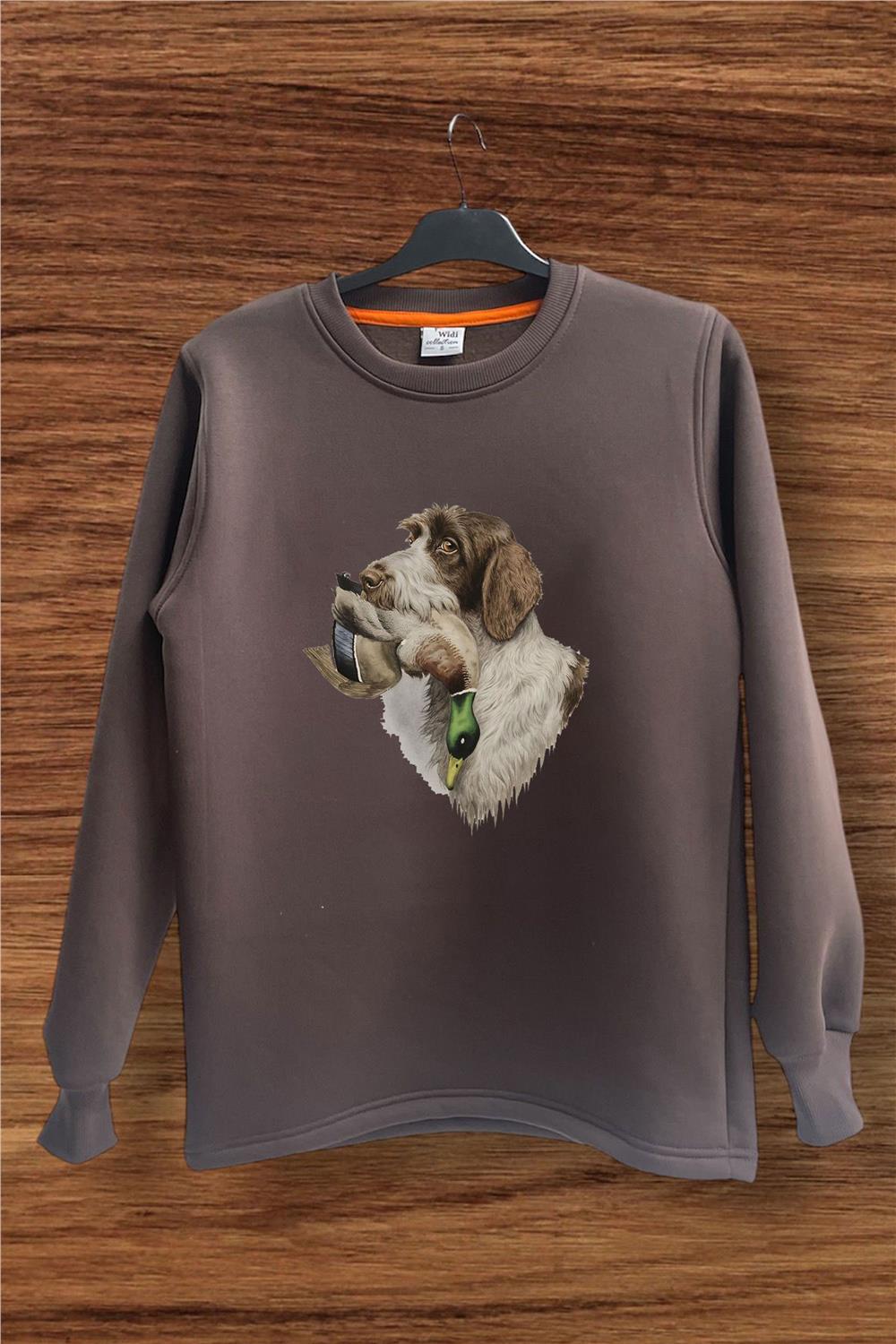 Hunter Avcılık Av Köpeği Ve Çulluk Baskılı Regular Fit %100 Pamuk Bisiklet Yaka Sweatshirt - Kahverengi