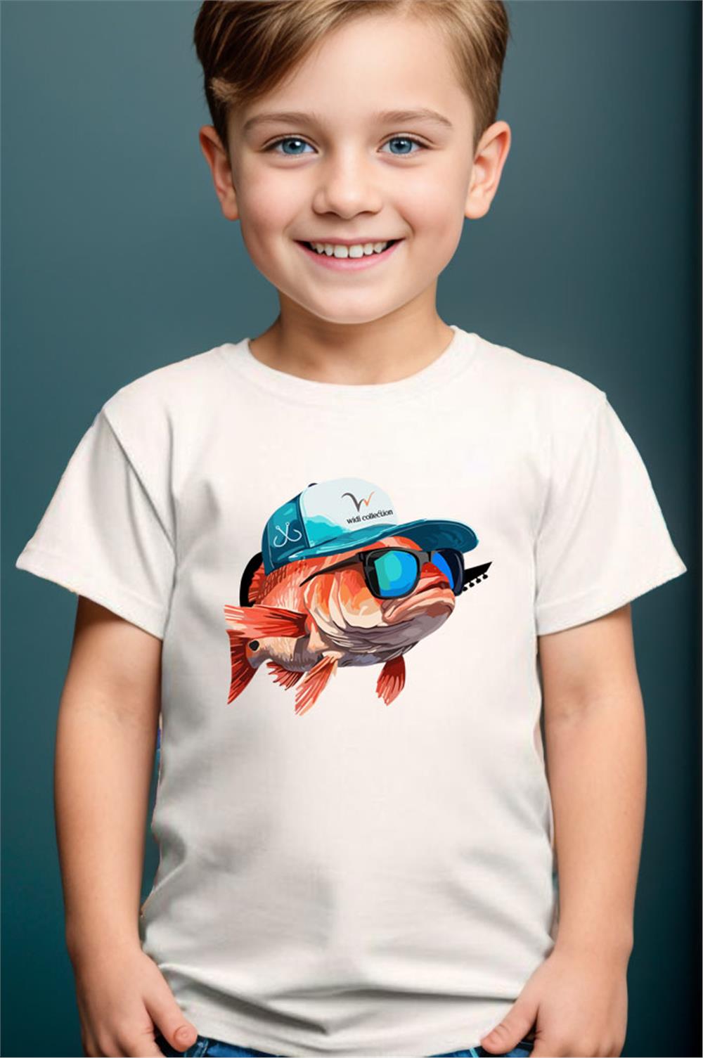 Hunter Avcılık Balık Avcılığı Deniz Baskılı Şapkalı Balık %100 Pamuk Erkek Çocuk Kız Çocuk T-Shirt - Beyaz