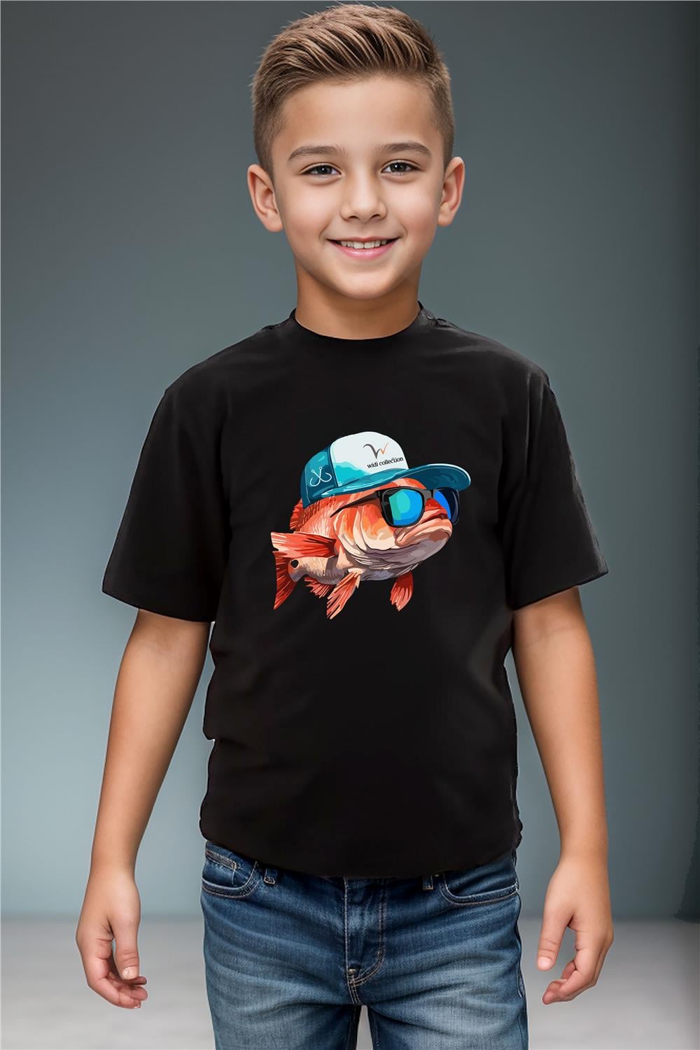 Hunter Avcılık Balık Avcılığı Deniz Baskılı Şapkalı Balık %100 Pamuk Erkek Çocuk Kız Çocuk T-Shirt - Siyah