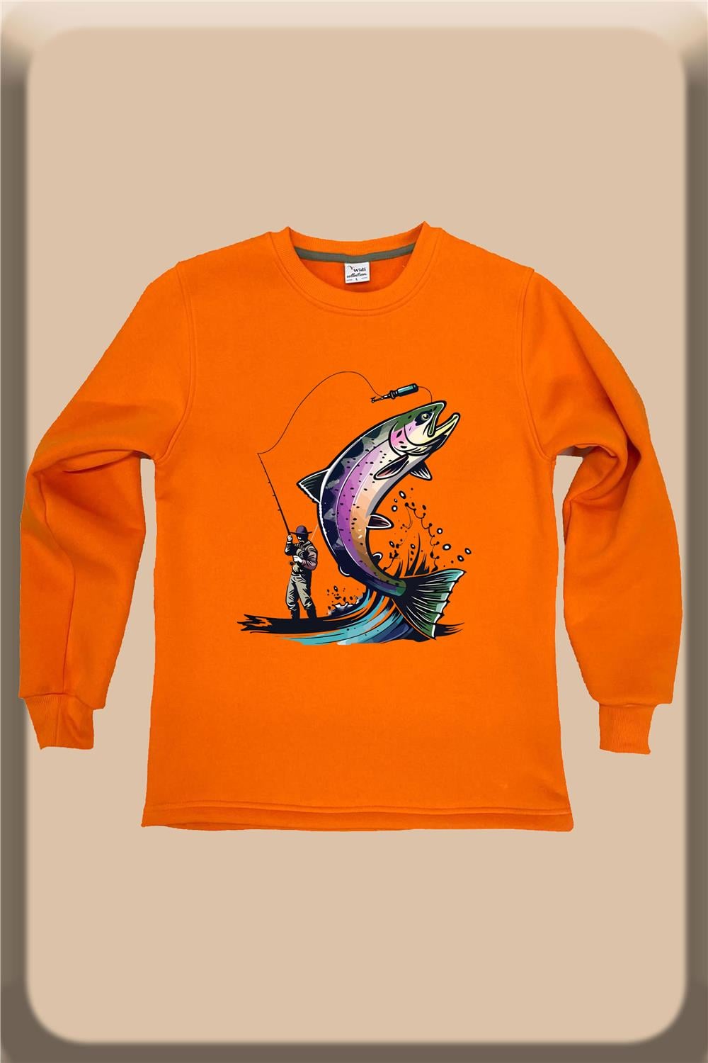 Hunter Avcılık Balıkçılık Alabalık Baskılı Regular Fit %100 Pamuk Bisiklet Yaka Sweatshirt - Turuncu