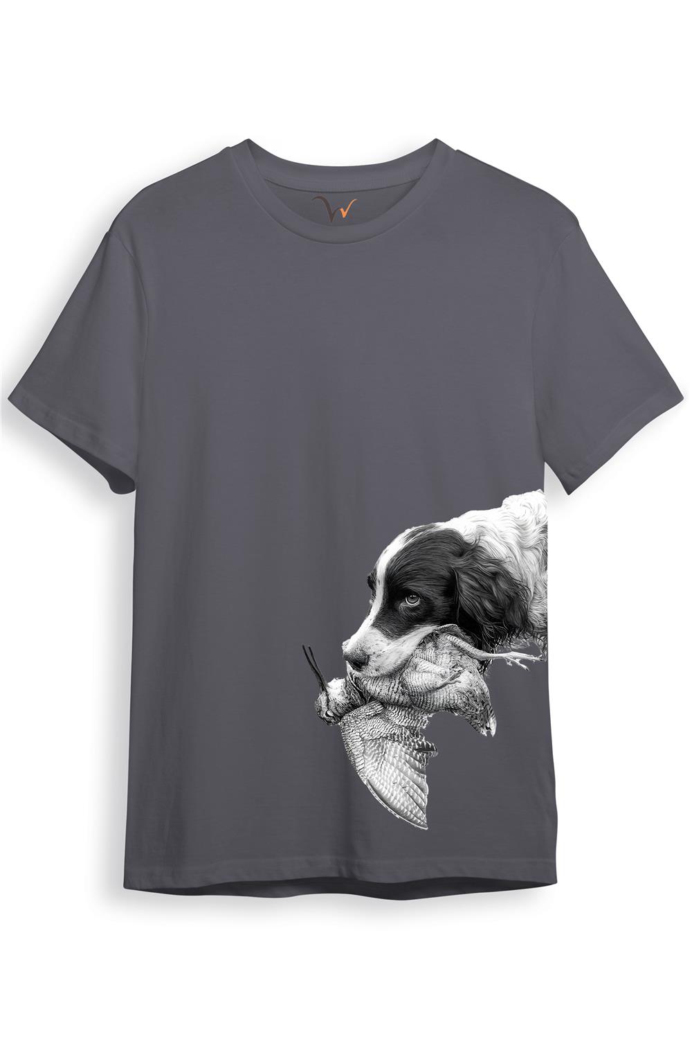 Hunter Avcılık Baskılı Av Köpeği Ağzında Çulluk Yan Detay Bakılı %100 Pamuk Regular Fit T-Shirt - Antrasit