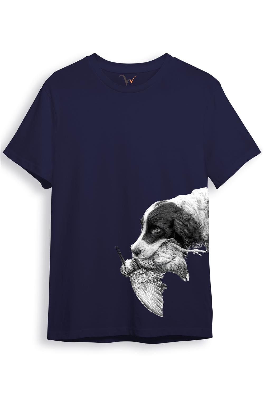 Hunter Avcılık Baskılı Av Köpeği Ağzında Çulluk Yan Detay Bakılı %100 Pamuk Regular Fit T-Shirt - Lacivert