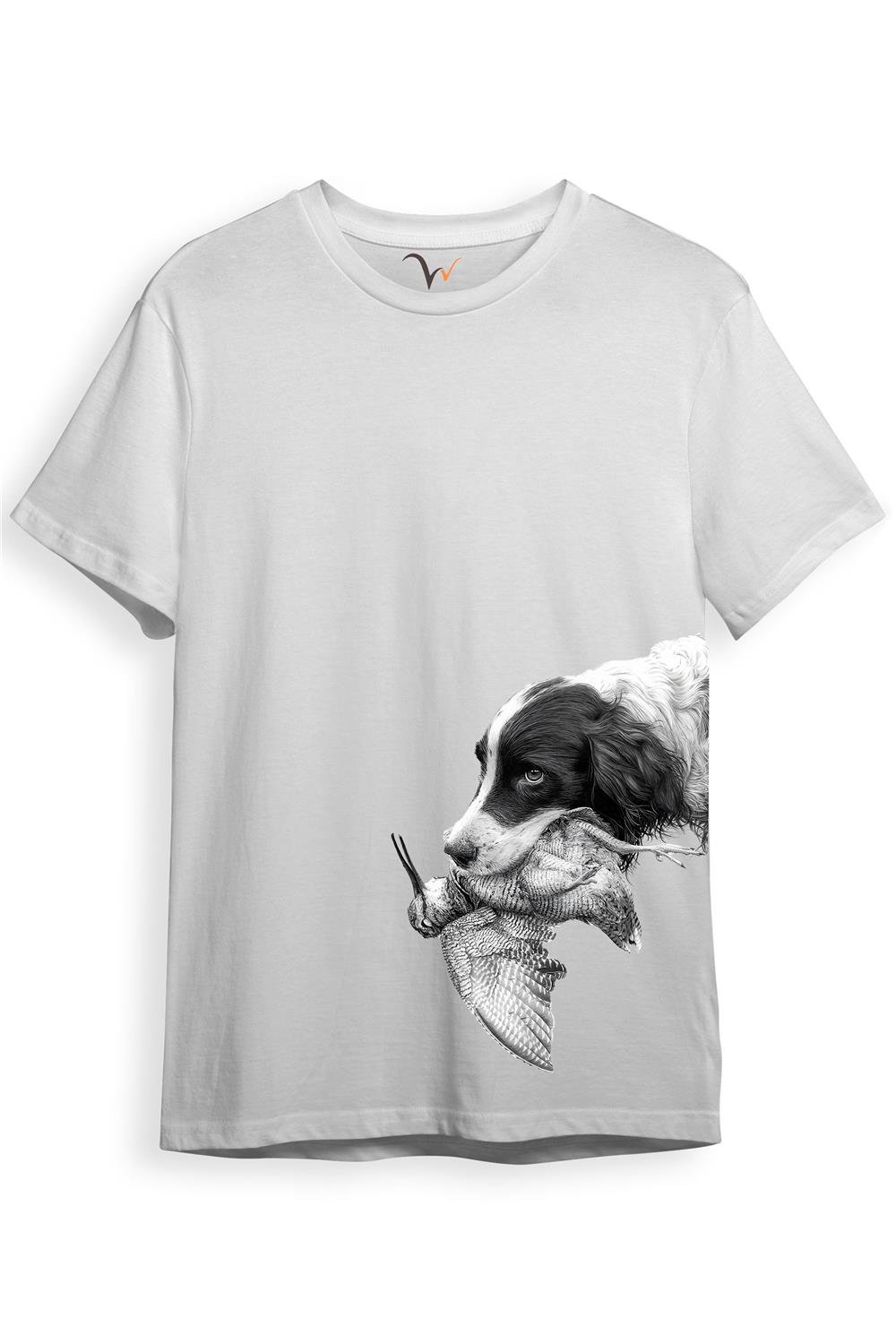Hunter Avcılık Baskılı Av Köpeği Ağzında Çulluk Yan Detay Bakılı %100 Pamuk Regular Fit T-Shirt - Beyaz