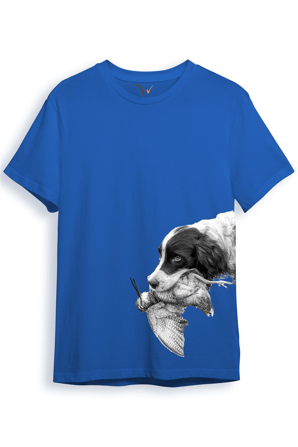 Hunter Avcılık Baskılı Av Köpeği Ağzında Çulluk Yan Detay Bakılı %100 Pamuk Regular Fit T-Shirt - Mavi
