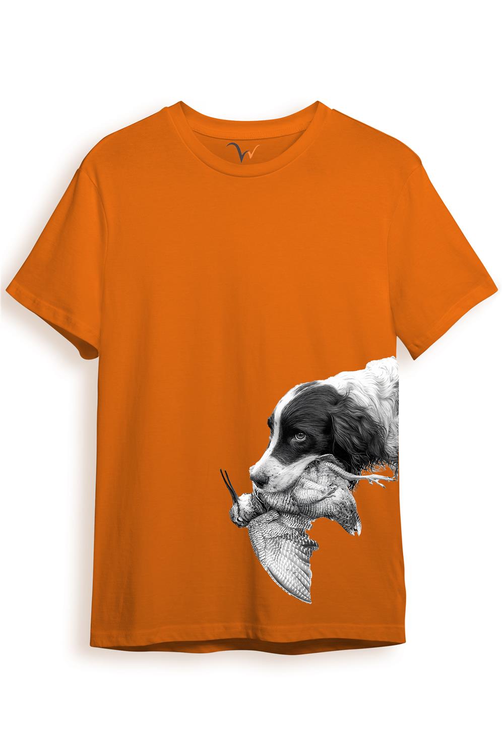 Hunter Avcılık Baskılı Av Köpeği Ağzında Çulluk Yan Detay Bakılı %100 Pamuk Regular Fit T-Shirt - Turuncu