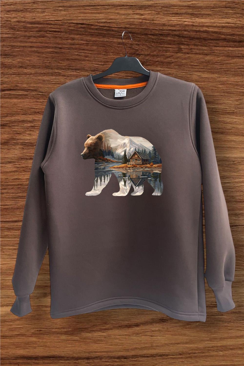 Hunter Avcılık Doğa Kamp Ayı Baskılı Pamuklu Regular Fit Bisiklet Yaka Sweatshirt - Kahverengi