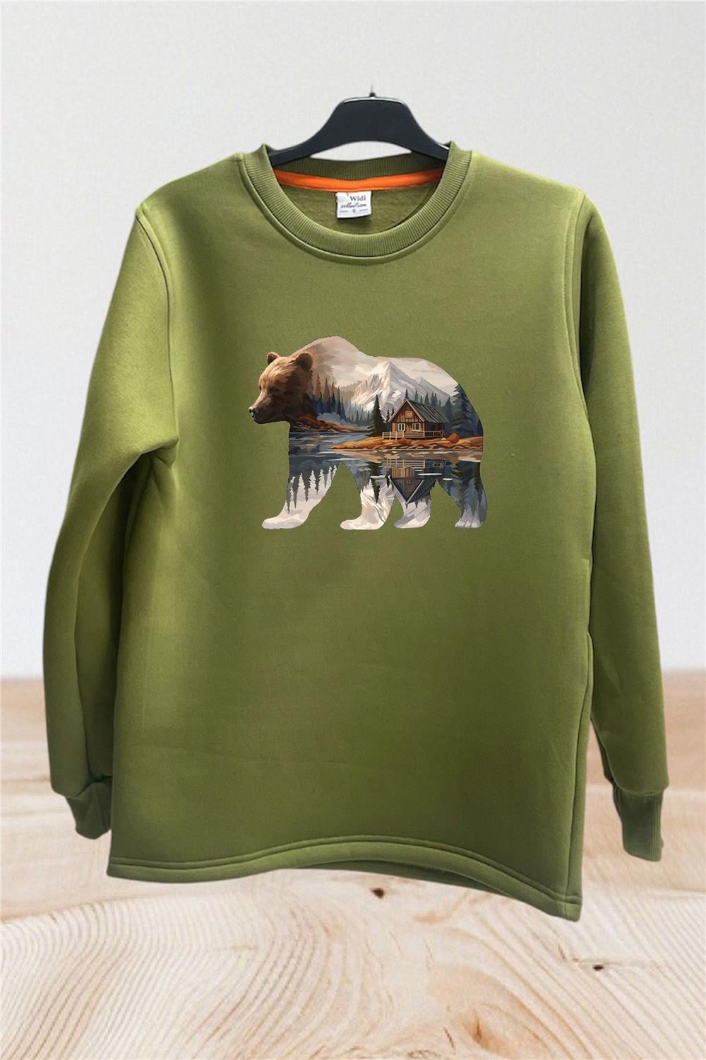 Hunter Avcılık Doğa Kamp Ayı Baskılı Pamuklu Regular Fit Bisiklet Yaka Sweatshirt - Haki