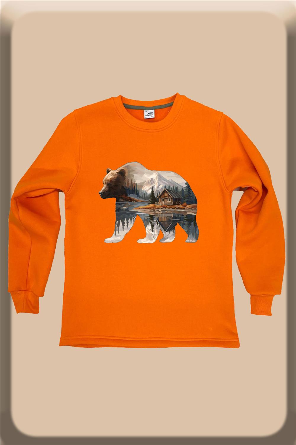 Hunter Avcılık Doğa Kamp Ayı Baskılı Pamuklu Regular Fit Bisiklet Yaka Sweatshirt - Turuncu