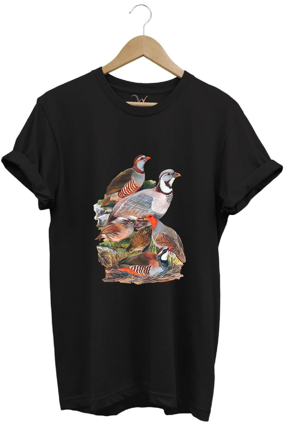 Hunter Avcılık Keklik Avcılığı Vahşi Yaşam Baskılı Regular Fit %100 Pamuk T-Shirt - Siyah