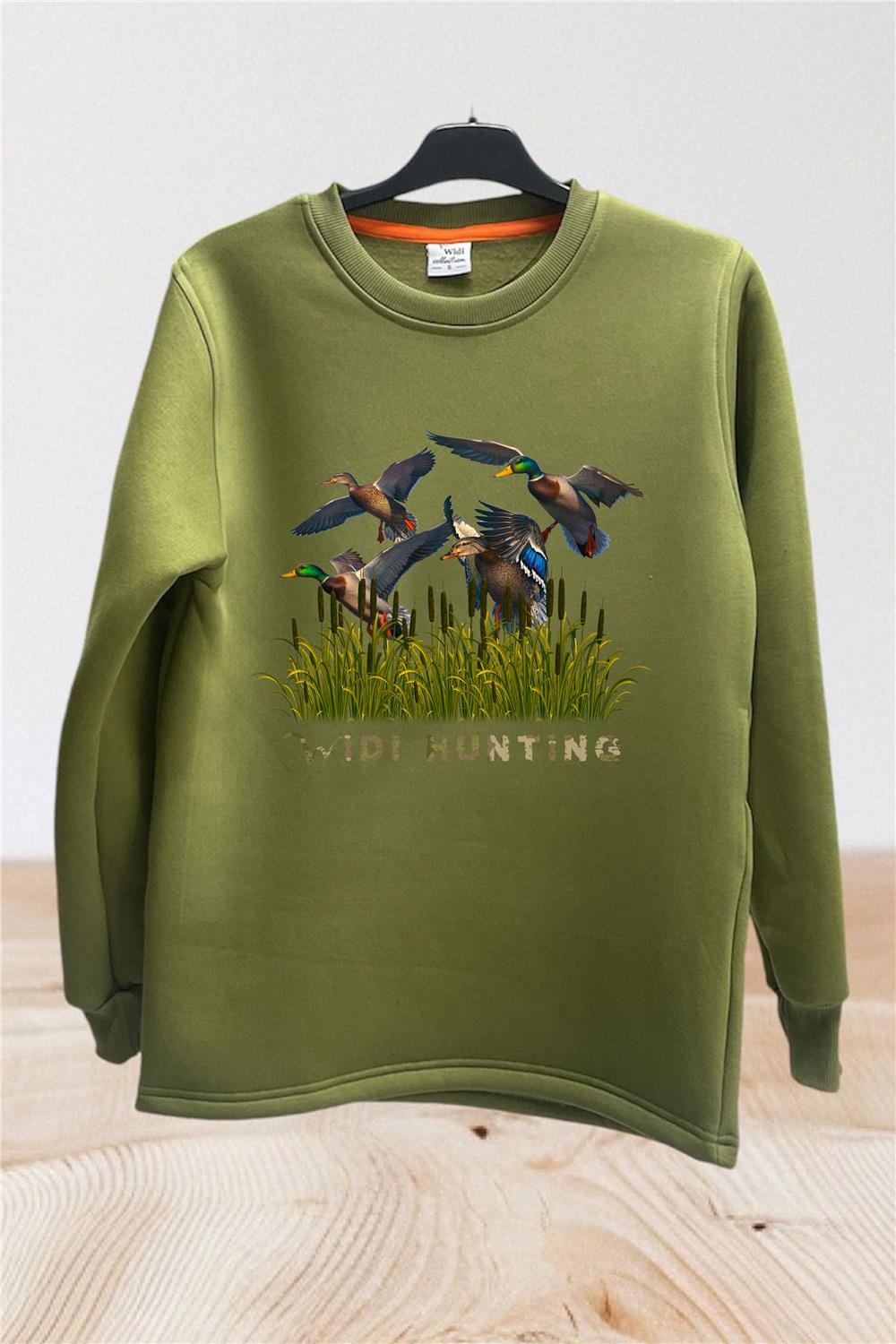 Hunter Avcılık Ördek Avı Baskılı Sazlık Regular Fit %100 Pamuk Bisiklet Yaka Sweatshirt - Haki