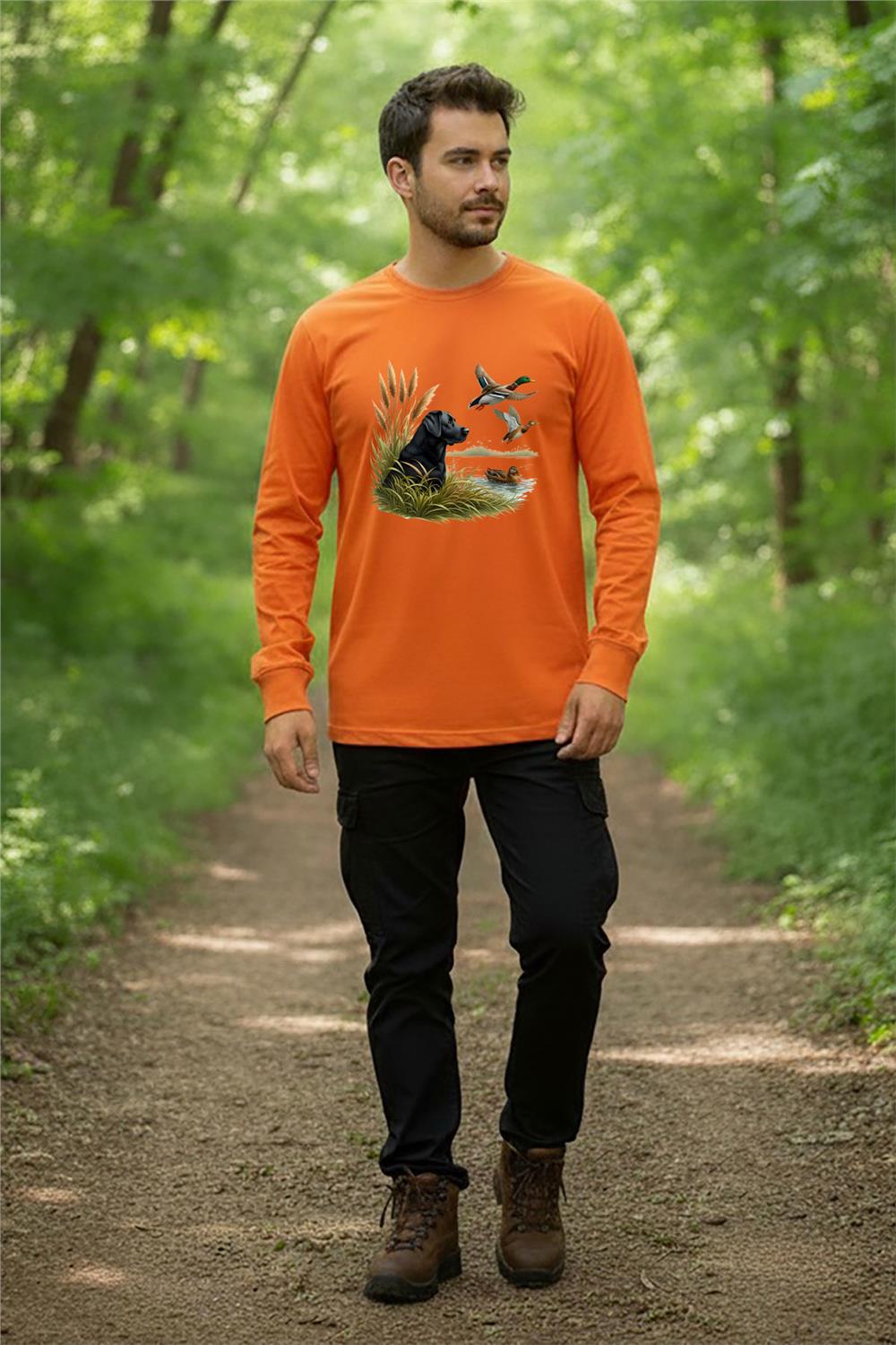 Hunter Avcılık Ördek Setter Baskılı %100 Pamuk Turuncu Bisiklet Yaka Uzun Kollu T-Shirt - Turuncu