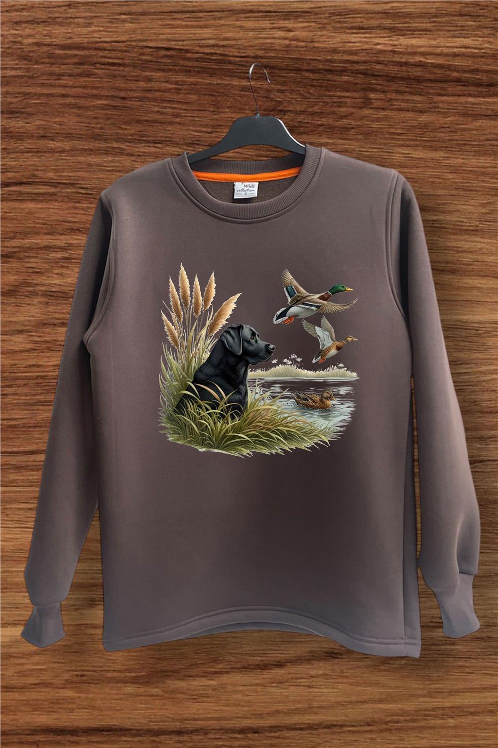 Hunter Avcılık Ördek Setter Baskılı Regular Fit %100 Pamuk Bisiklet Yaka Sweatshirt - Kahverengi